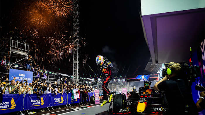Sergio Perez, Red Bull Racing RB18, celebrating victory during the Formula 1 Singapore Airlines Singapore Grand Prix 2022